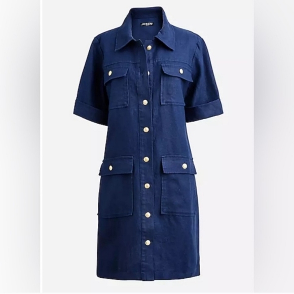 J. Crew 100% Linen Navy Blue Button-Up Short Sleeve Pocket Dress Size 8 NWOT - Picture 4 of 13